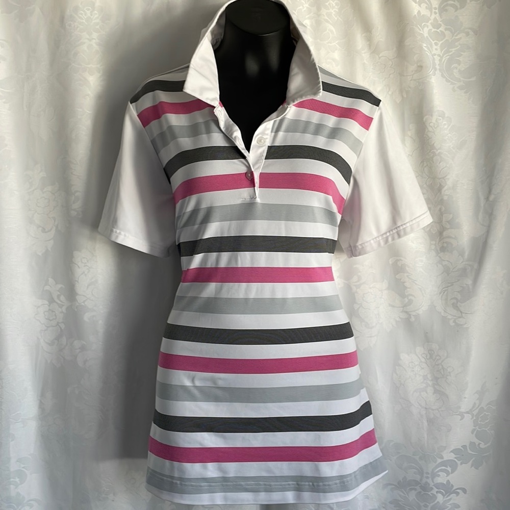 Adidas golf puremotion tee 3 front buttons pull over side slits stripes Sz M